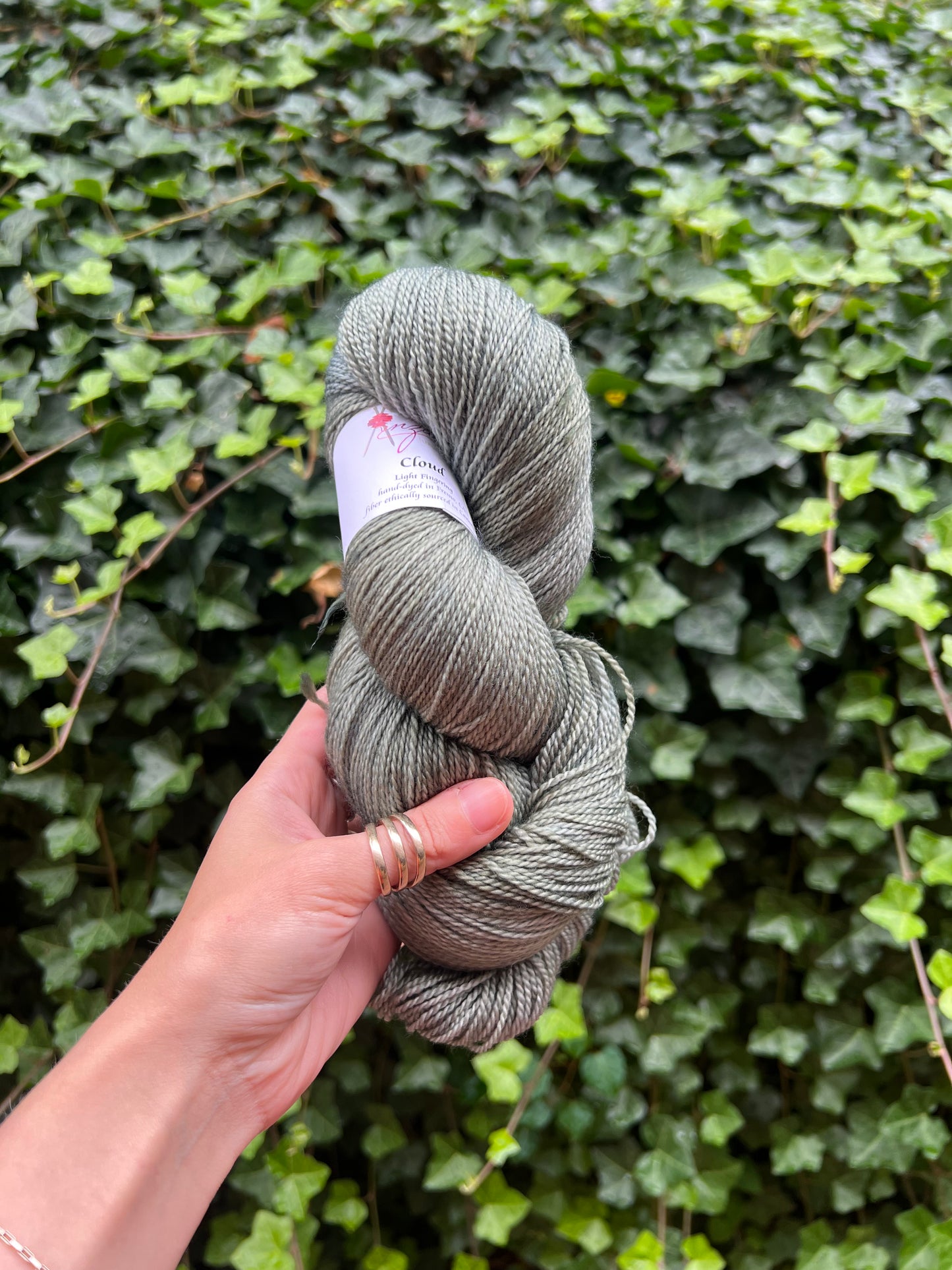 Hand holding skein of gray yarn against a green ivy background